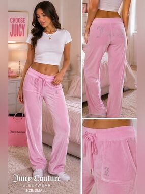 Juicy Couture Pink Velour Rhinestone Logo Lounge Pants Y2K Size Small